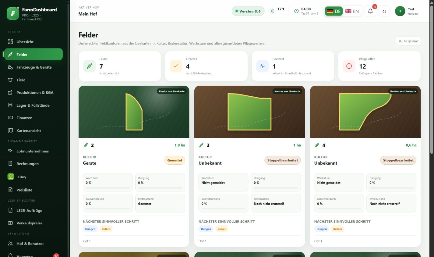Screenshot: FarmDashboard PRO Felder